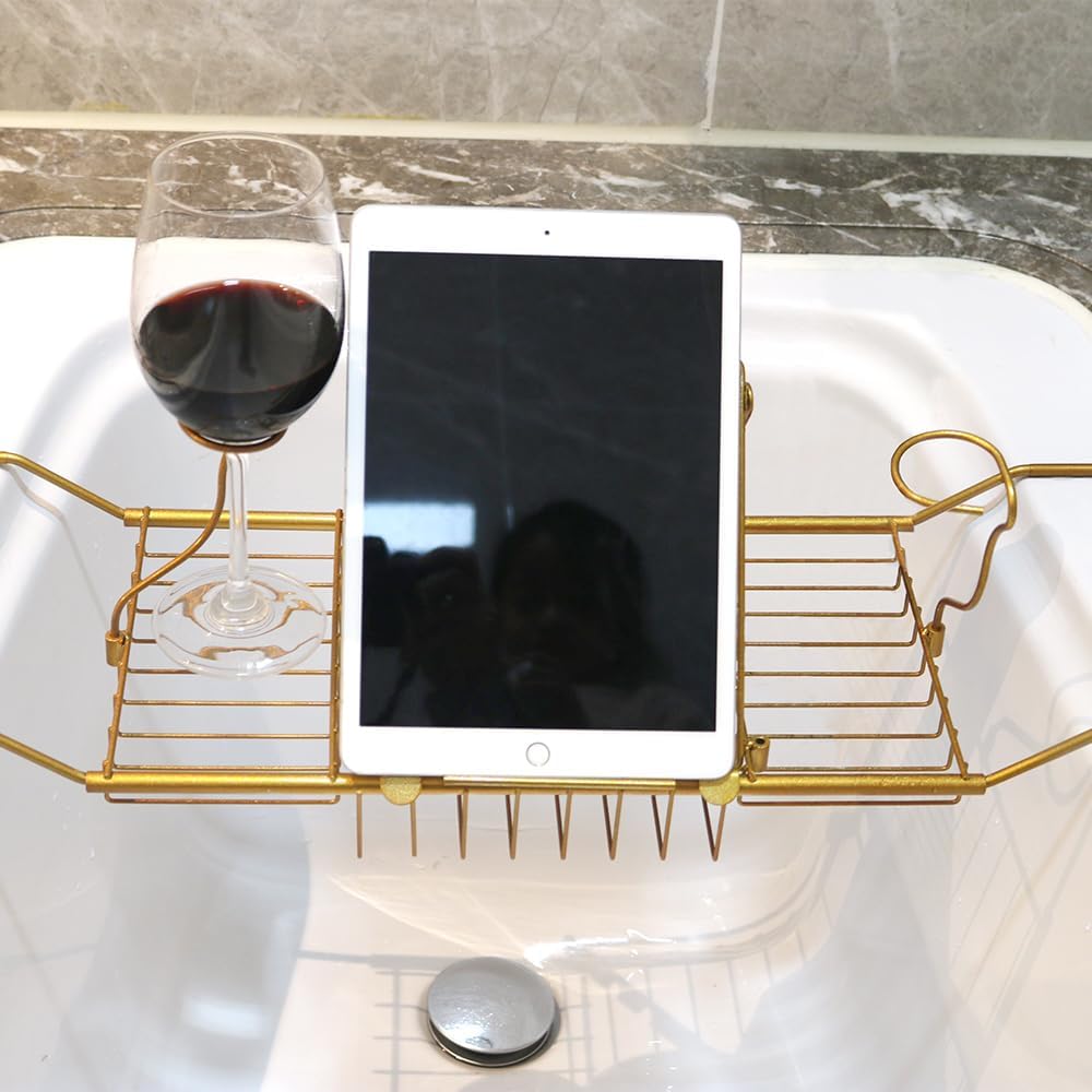 BDL Bathtub Caddy Expandable Bath Tub Tray Table with Wine Holder, Free Soap Dish and Laptop Reading Rack, Bathtub Tray for Home（Bronze）