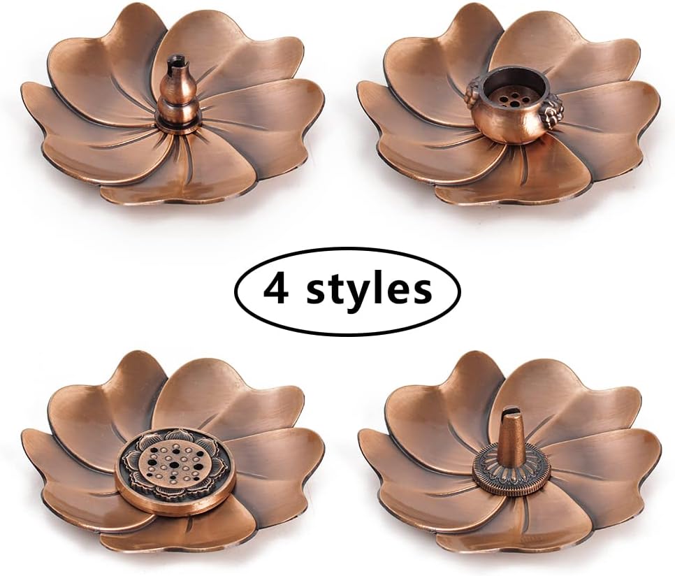 Sakura Flower Incense Holder, 5Pcs Red Bronze Incense Burner Holder with Silk Pouch, Bowl-Shape, Lotus Multi-Holes, Cone Shape and Gourd-Shape for Yoga Living Room Bedroom Home Fragrance