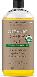 Majestic Pure Oil - 100% Pure and Natural- Cold Pressed & Hexane Free Natural Hair Growth Oil for Eyelashes, Eyebrows, Skin, Body, Face, Nails & Scalp - Organic Castor Oil 16 Fl Oz
