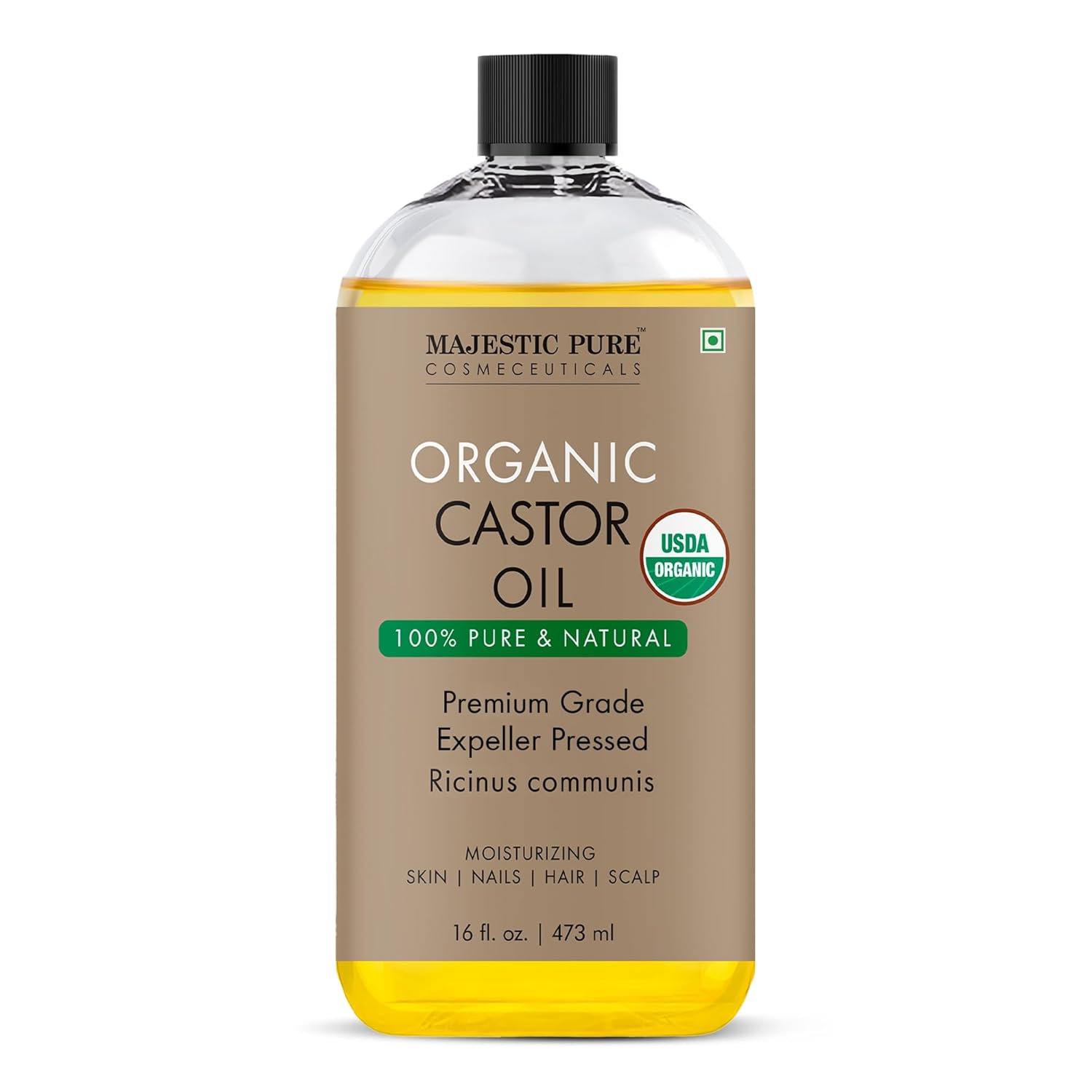 Majestic Pure Oil - 100% Pure and Natural- Cold Pressed & Hexane Free Natural Hair Growth Oil for Eyelashes, Eyebrows, Skin, Body, Face, Nails & Scalp - Organic Castor Oil 16 Fl Oz