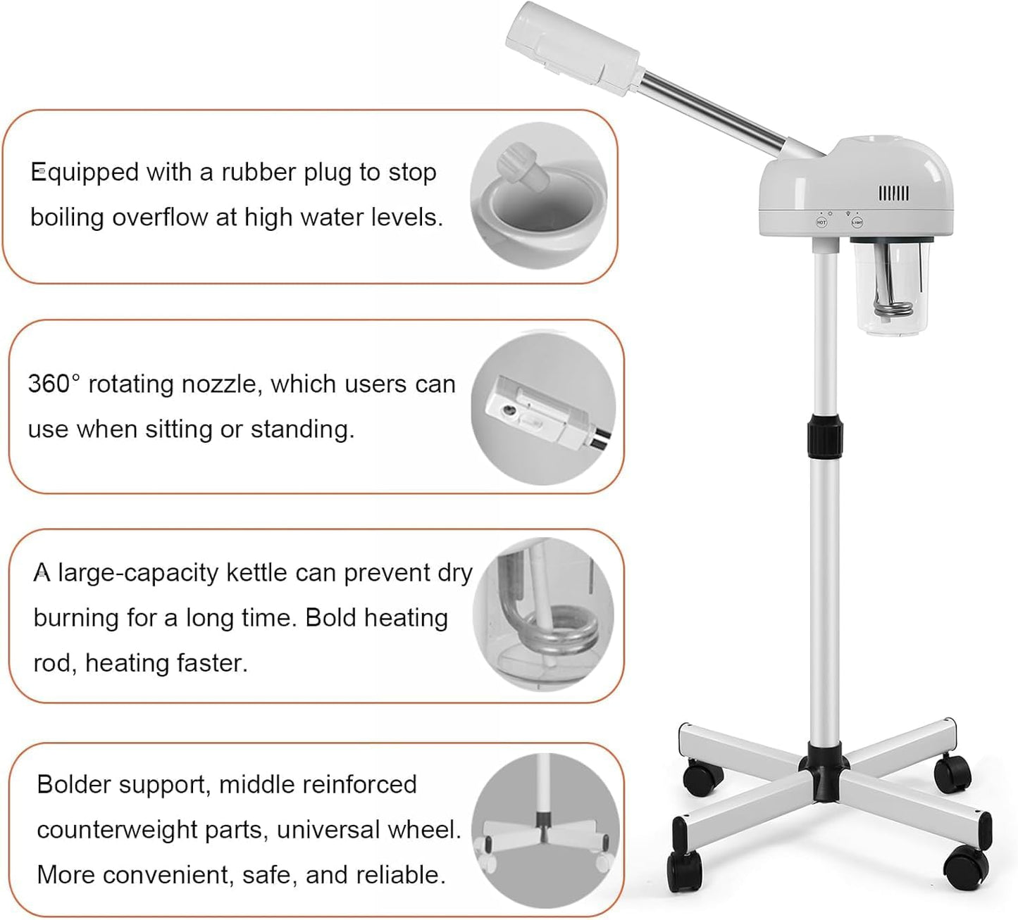 Professional Facial Steamer with Hot Mist Function, Stand Facial Steamer On Wheels, Height Adjustable & 360° Rotatable Nozzle, Use at Home & Salon SPA