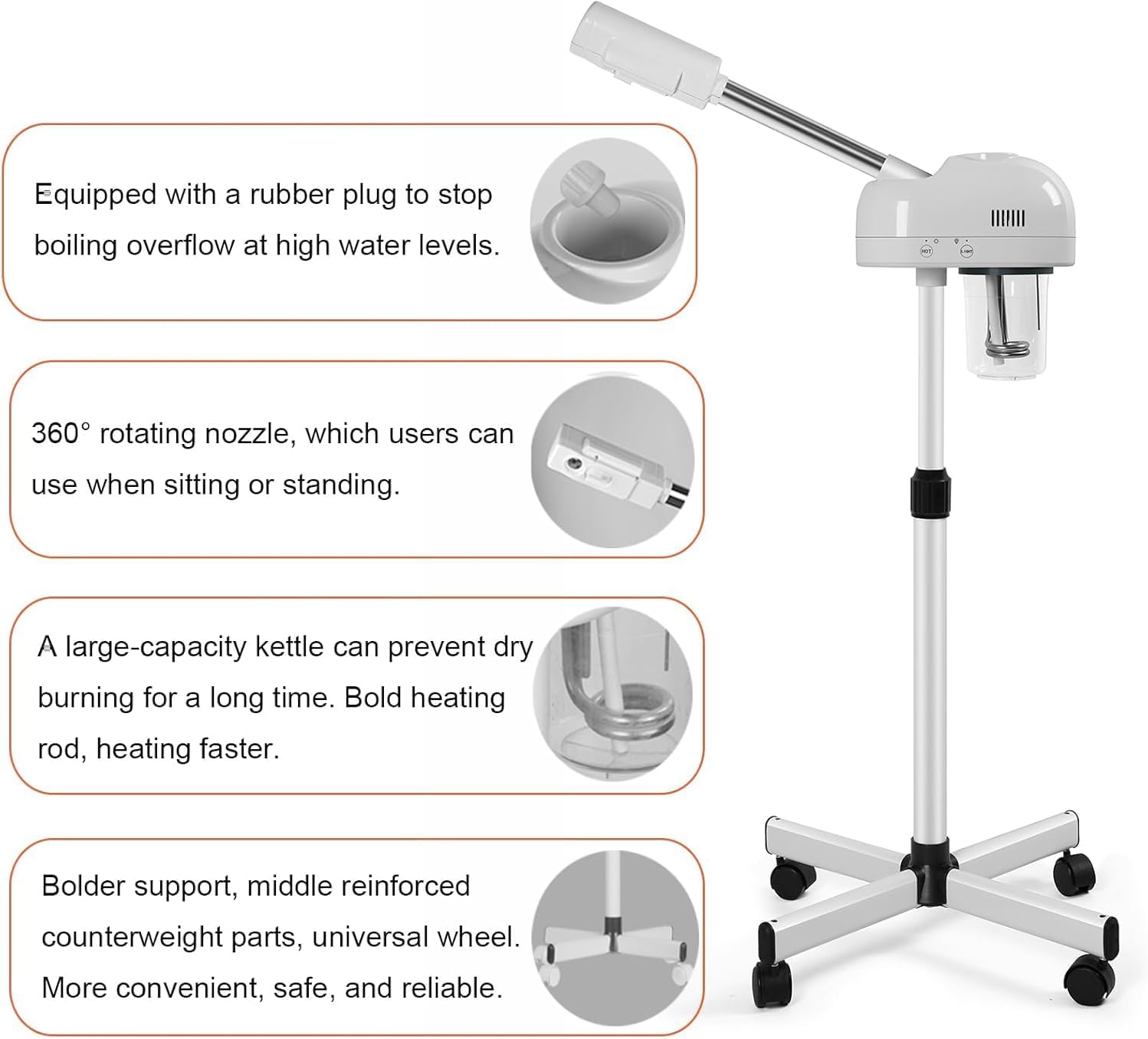 Professional Facial Steamer with Hot Mist Function, Stand Facial Steamer On Wheels, Height Adjustable & 360° Rotatable Nozzle, Use at Home & Salon SPA
