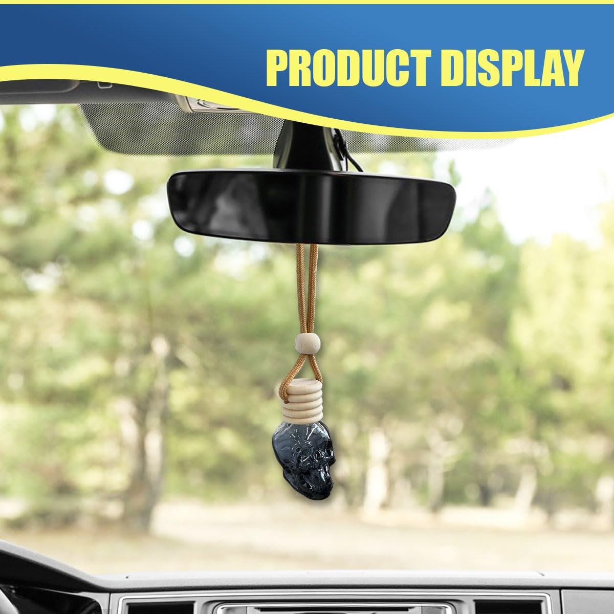 2PCS Hanging Car Essential Oil Diffuser Bottles, Skull Auto Interior Decoration Pendant, Refillable 8ml Empty Glass Bottle Auto Ornament, Funny Car Rear View Mirror Charm Accessories (Shoelace)