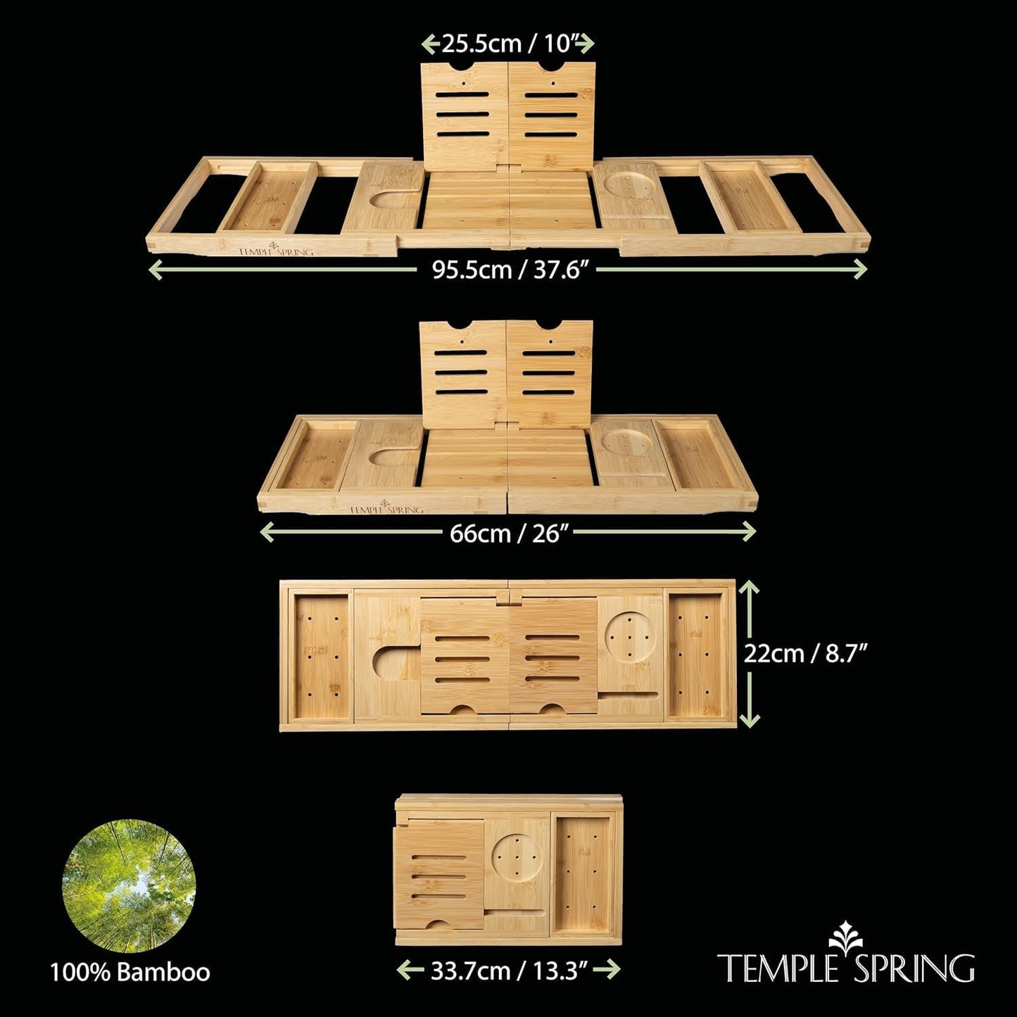Temple Spring Foldable Bamboo Bathtub Tray Caddy for Tub — Expandable One-Piece Wood Bath Table with Wine Holder Book Stand and Non-Slip Pads — Space-Saving Bath Caddy — Housewarming