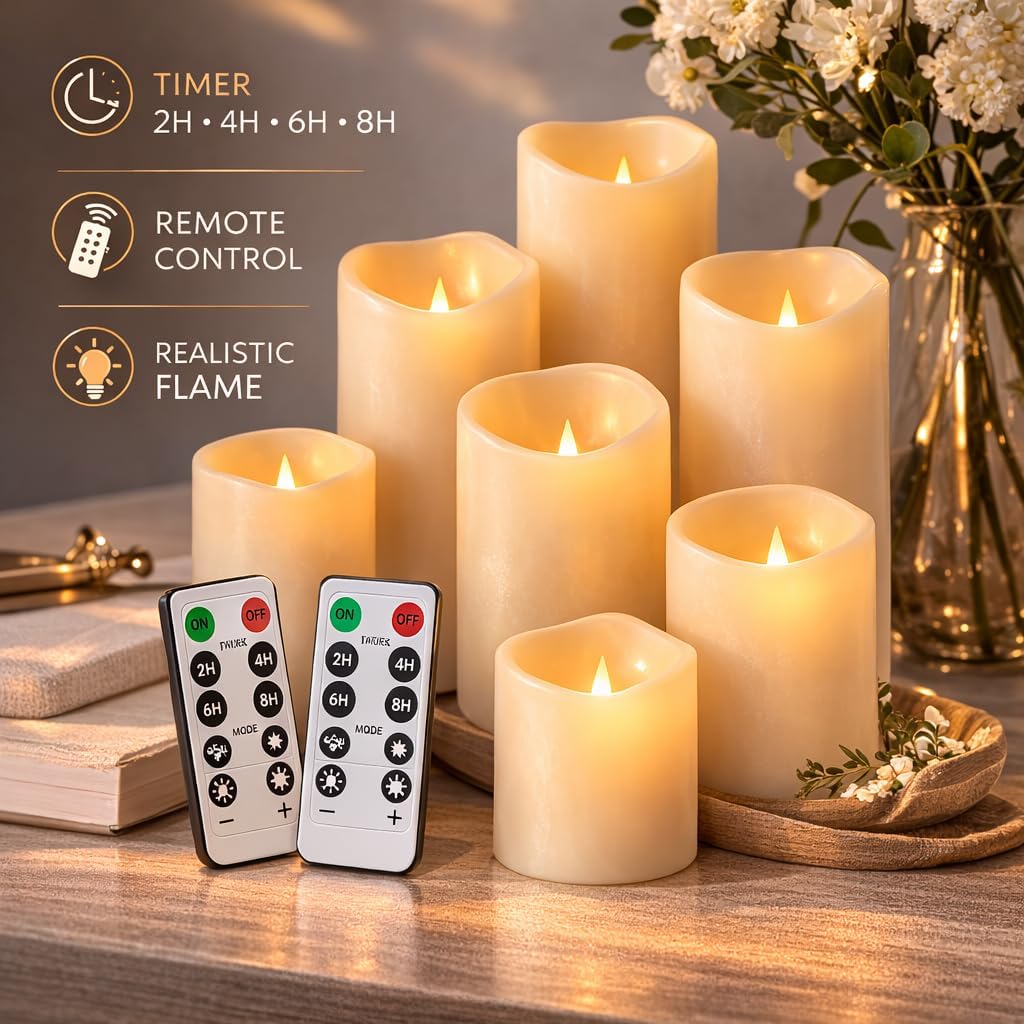 Enido Flameless Candles with Remote, 9 PC Outdoor Waterproof Battery Operated LED Pillar Candles, Flickering Electric Candles with Timer, 3" x 4" 5" 6" for Lantern, Patio, Wedding, Easter