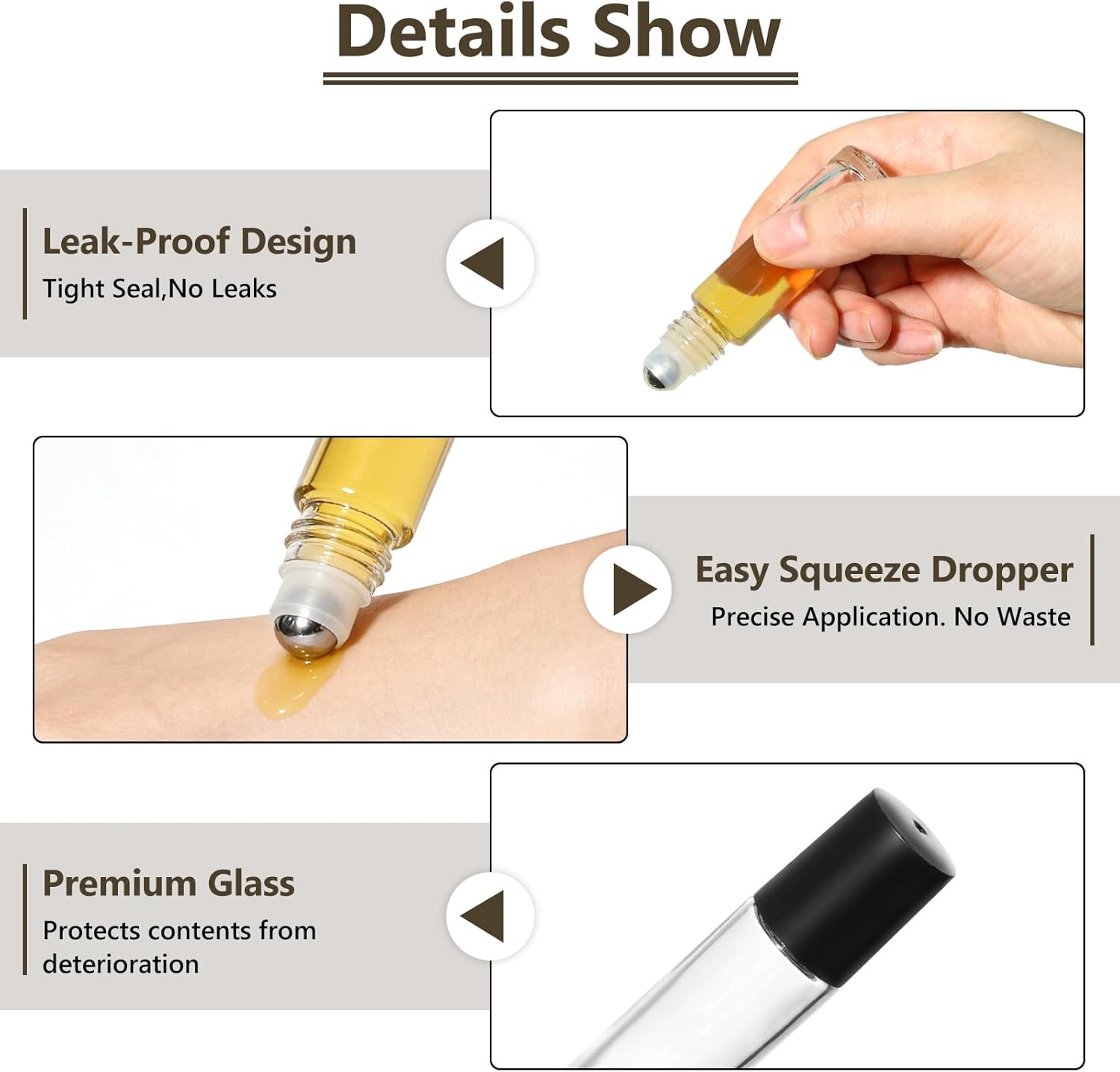 72 Pack Empty Essential Oil Roller Bottles – 10ml Amber Glass Roll-On Bottles with Stainless Steel Roller Balls & Caps, Refillable Perfume Containers for DIY & Travel（Clear）