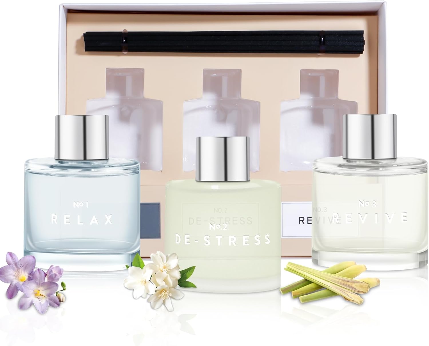 3 Pack Fragrance Reed Diffuser, 50ML Freesia Jasmine Lemongrass Aromatherapy Diffuser Set with 12 Black Fiber Sticks,Air Freshener for Bedroom Bathroom Office