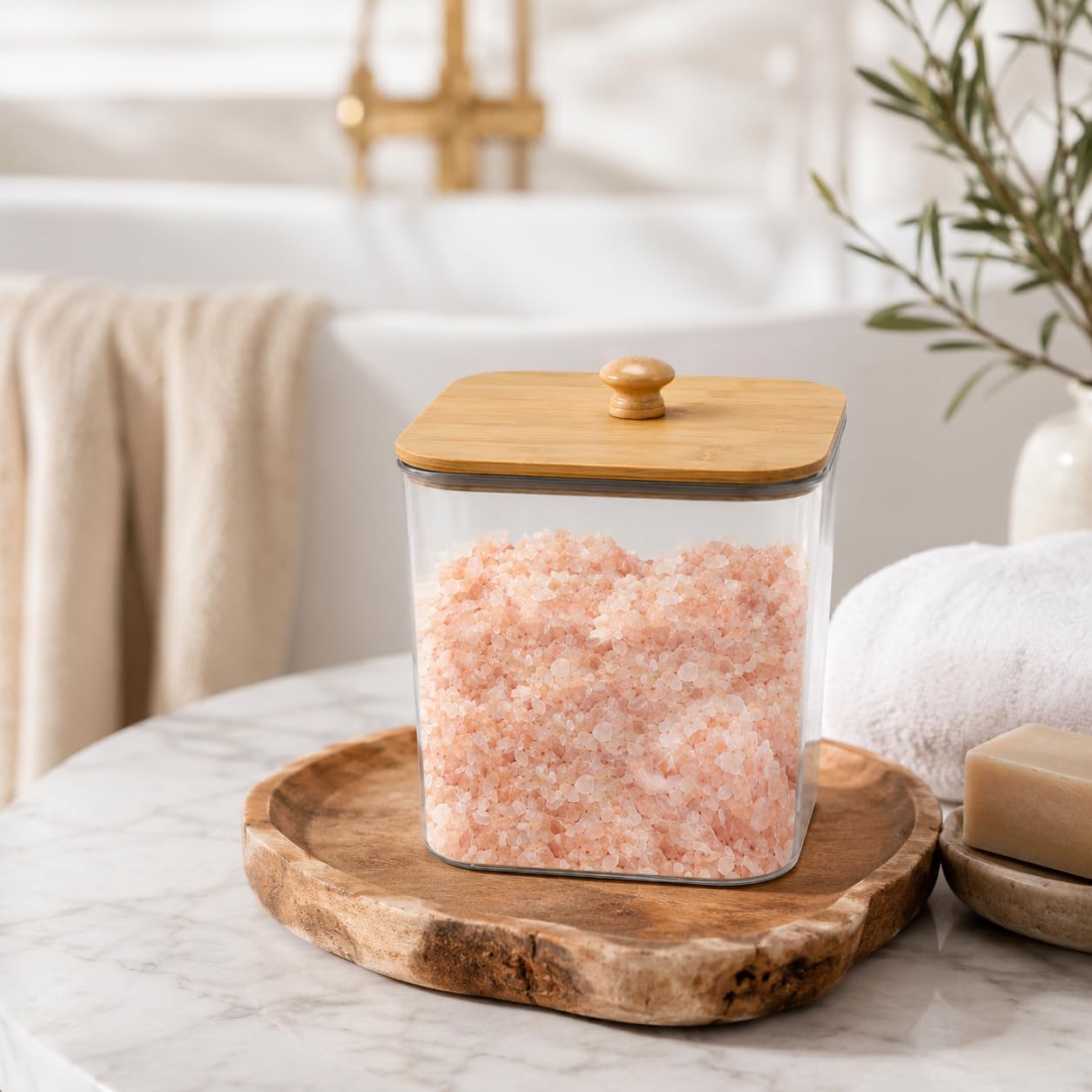 Bath Salt Container,2 Pack Clear Plastic Storage Bathroom Canisters with Wooden Lids & Handle,Airtight Bath Salt Dispenser Jars for Bathroom Organization Accessories,Bathtub Decor Box