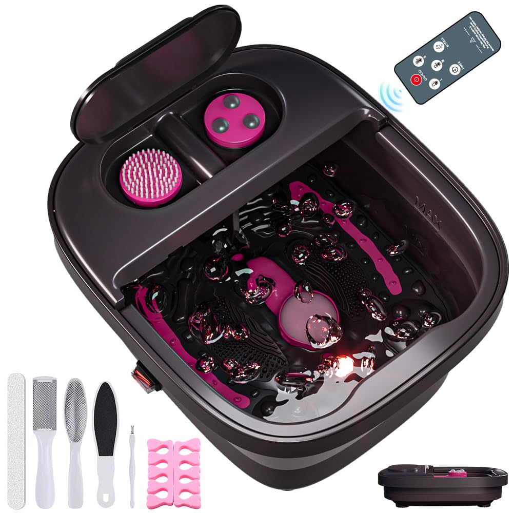 Collapsible Foot Bath, Foot Spa Bath Massager with Heat, Bubble, Remote Control, Temperature Control, 3 Pedicure Attachments, Feet Soaking Tub for Stress Relief