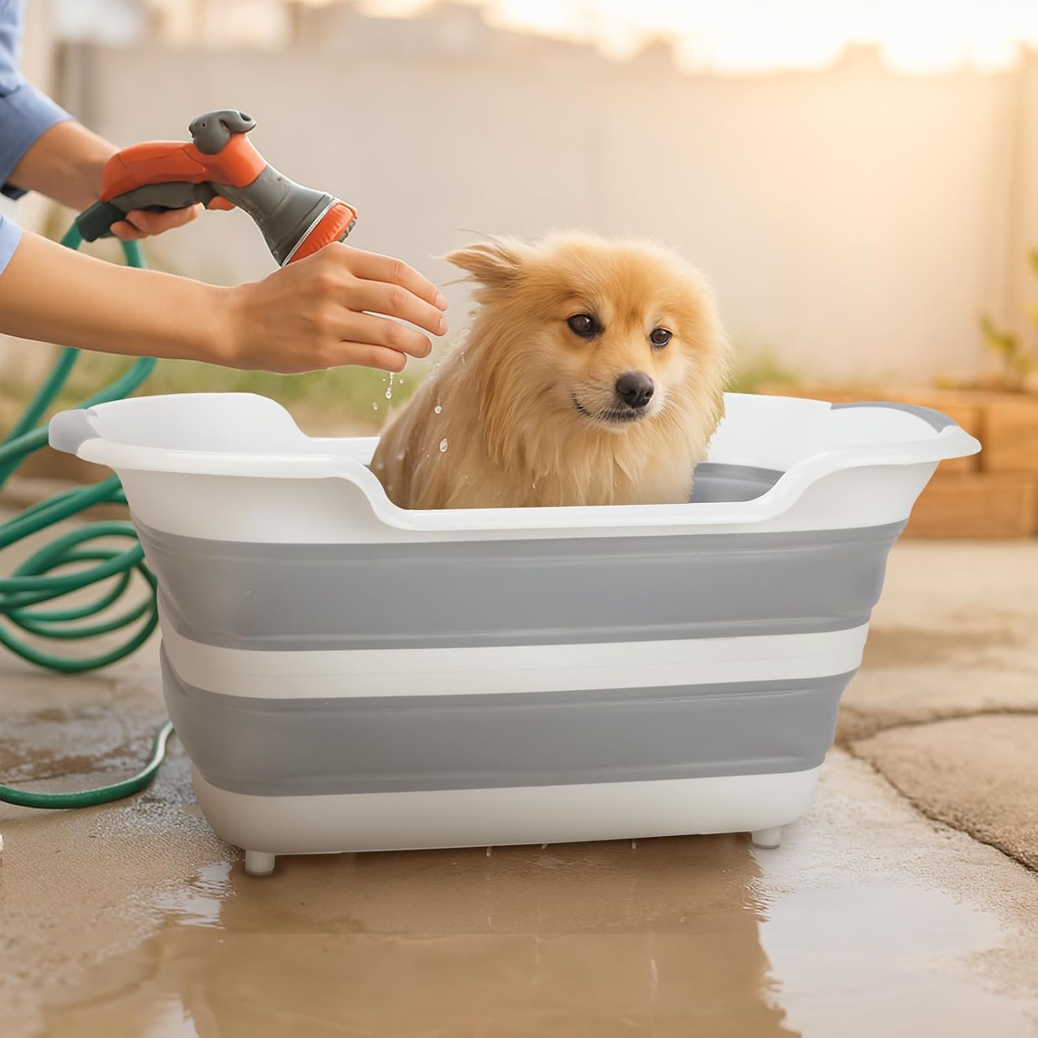 7.1 Gal/27L Multipurpose Collapsible Dog Bathtub, Raised Small Pet Bathtub with Drainage Hole and Pet Hair Collector, Portable Dog Bath Tub for Puppy Cats Space Saving Laundry Basket Organizer