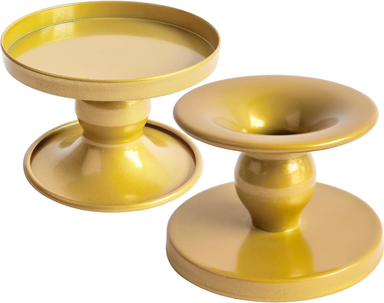 Table Yellow Candle Holders – Set of 2 | Reversible Metal Candle Stand for Pillar & Taper Candles | Stylish Tabletop Candle Tray for Home Décor, Weddings & Special Occasions (Yellow)