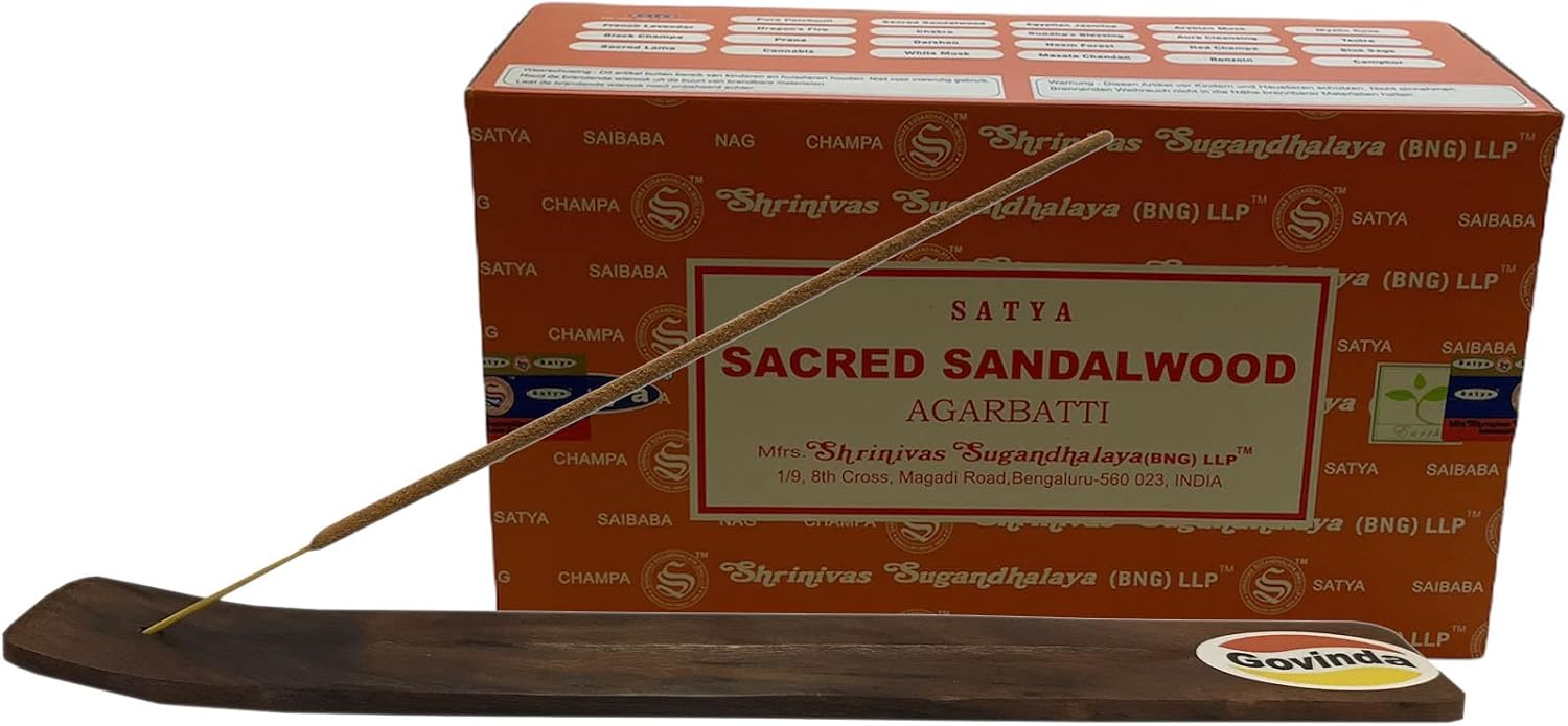 Govinda Incense Stick Holder Bundle with Satya Bangalore (BNG) Incense Sticks - 12 Boxes x 15 Grams (Sacred Sandalwood)