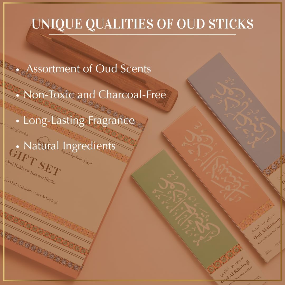 Premium Oud Incense Sticks Gift Set by Dukhni – 90 Oudh Agarwood Sticks I 3 Assorted Scents + Wooden Incense Holder | Long-Lasting Arabic Oud Fragrance | Luxury Aromatic Set | Islamic Gifts