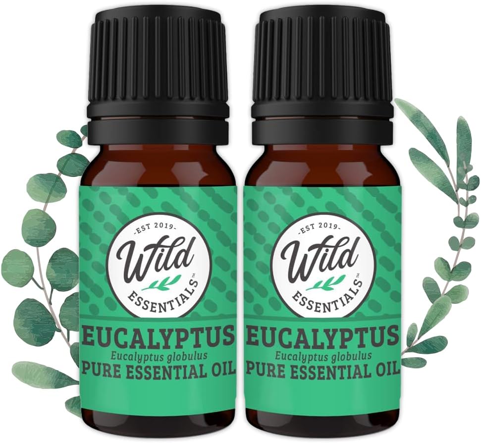 Wild Essentials Eucalyptus 100% Pure Essential Oil 2 Pack - 10ml Bottles, undiluted, Therapeutic Grade, Made and Bottled in The USA, Congestion, Stress, Aches and Pains