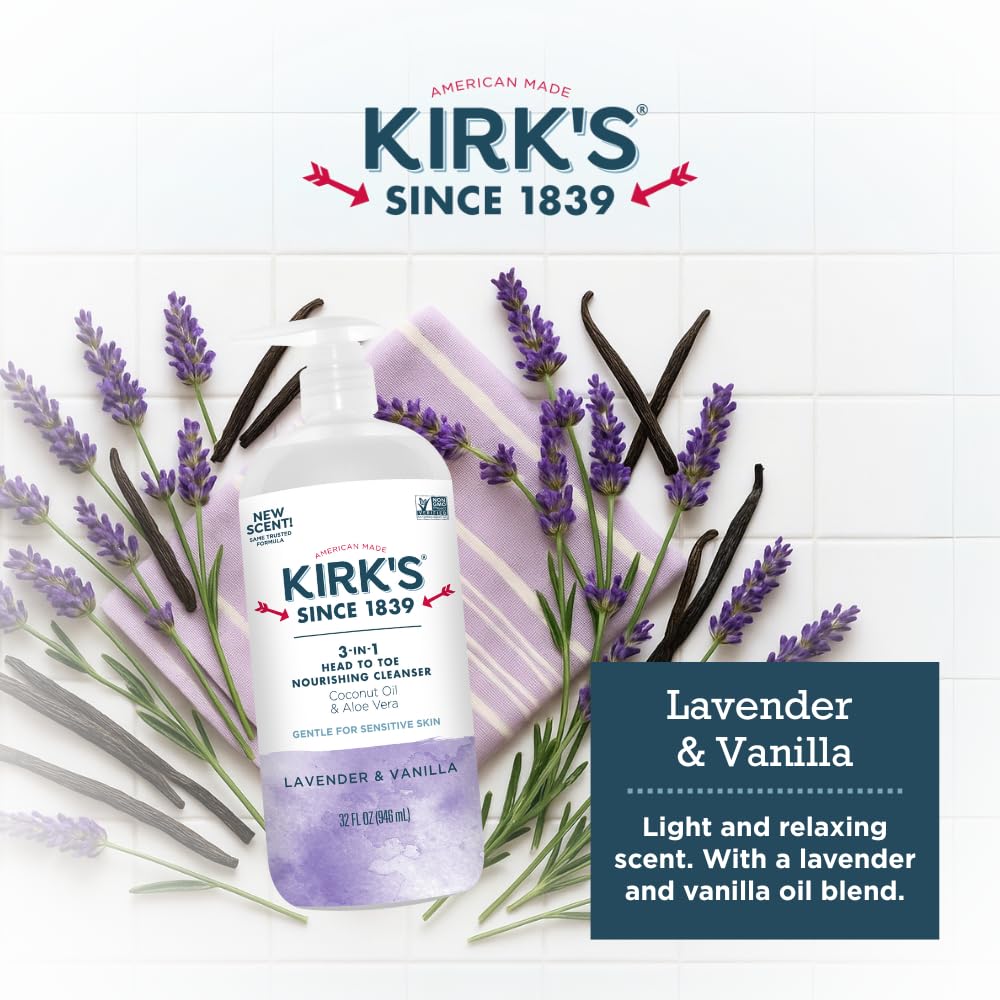 Kirk's Lavender & Vanilla 3-in-1 Nourishing Cleanser, Shampoo Body Wash Bubble Bath, Coconut Oil and Aloe Vera, Vegan Non-GMO, 32 Fl Oz