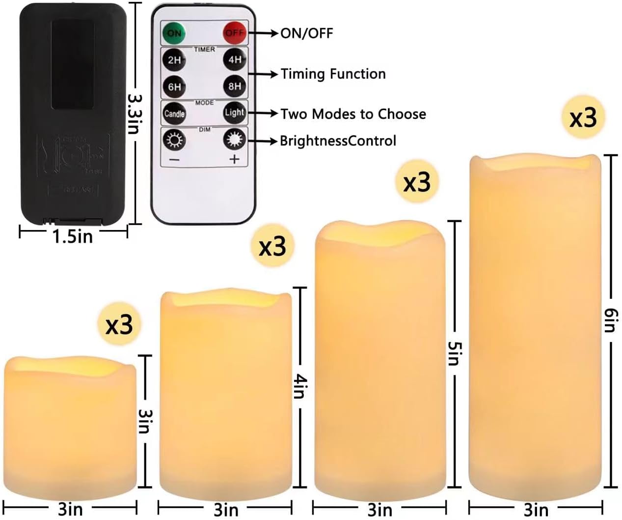 Enpornk Flameless Battery Operated Outdoor Waterproof Set of 12(D: 3" x H: 3" 4" 5" 6") Pillar LED Candles with 10-Key Remote and Cycling 24 Hours Timer