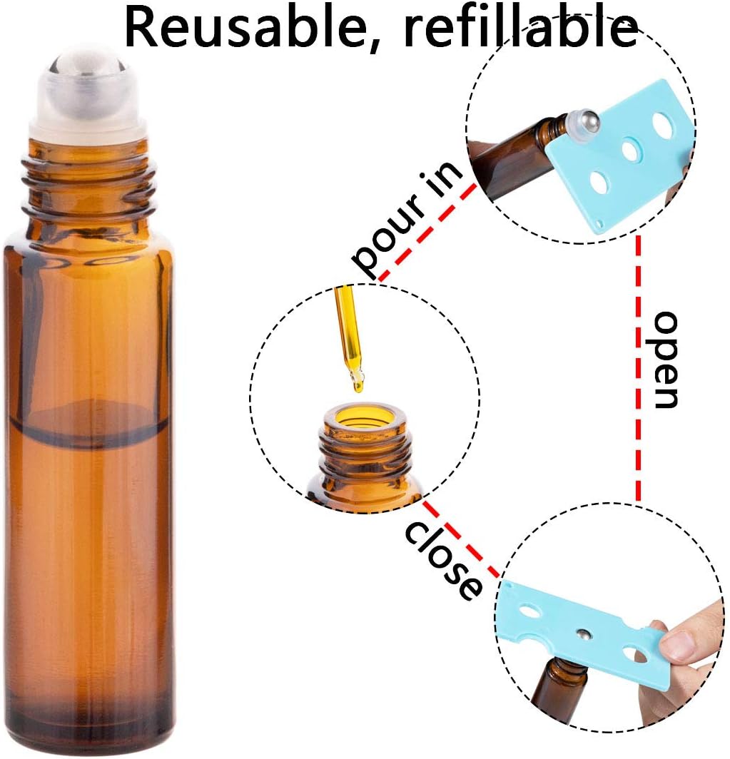 6Pcs 10ml Essential Oil Roller Bottles, with Stainless Steel Roller Balls, 10ml Amber Glass Roll on Bottles for Essential Oils, 1 Extra Roller Ball, 6 Labels, 1 Openers, 2 Droppers Included