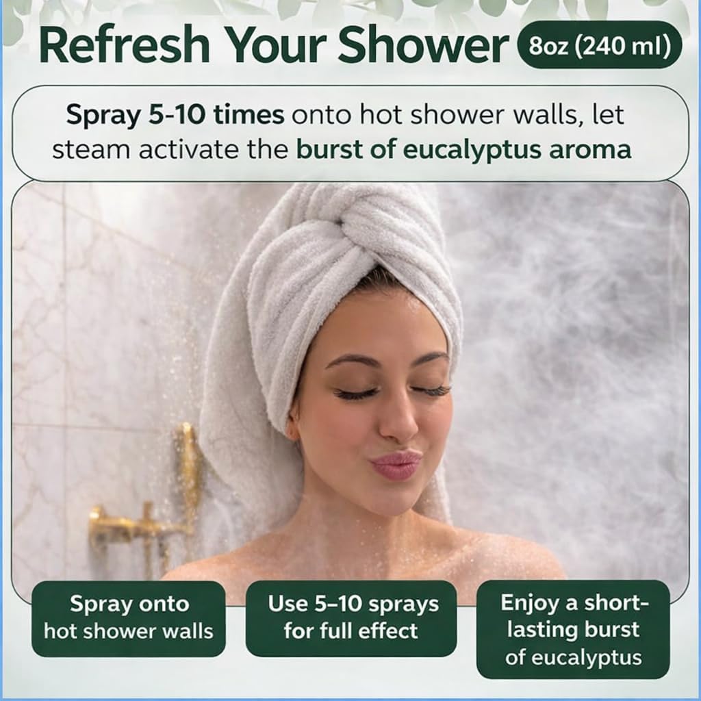 Eucalyptus Shower Spray 8oz – Aromatherapy Shower Mist, Spa and Sauna Inspired Shower Steamer Alternative for Refreshing, Relaxing Showers - Bath Oil Spray Eucalyptus Essential Oil
