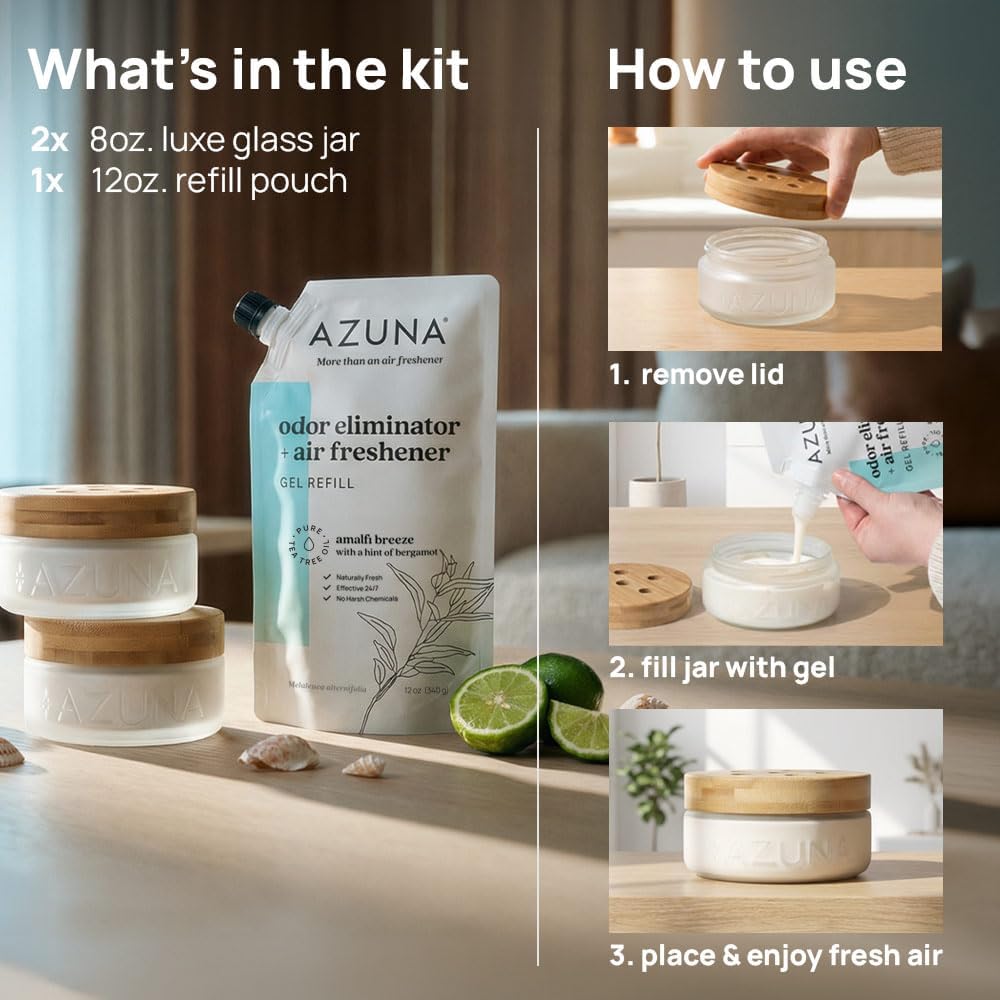 Azuna Air Freshener & Odor Eliminator for Strong Odor | 2 Room Kit Includes (2) 8 oz. Empty Luxe Glass Jars & 12 oz | Refill with Tea Tree Essential Oil Gel | Amalfi Breeze | Last 60-90 Days