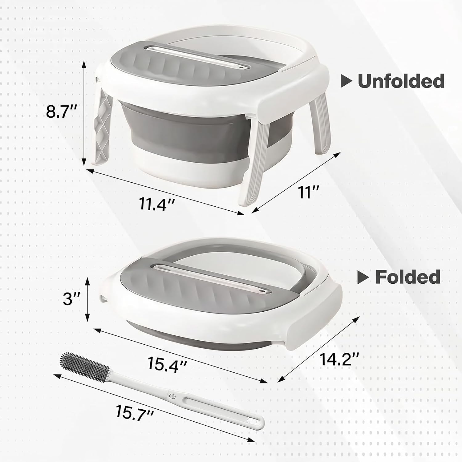 Collapsible Foot Bath Tub with Long Handle Foot Brush, Foldable Foot Soaking Tub with Insulated Lid & Sturdy Support Frame, Pedicure Foot Spa Basin for Men Women Home Travel (Gray)