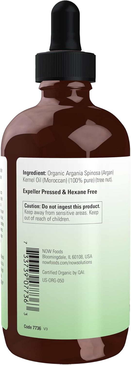 NOW Foods Solutions, Organic Argan Oil, Certified Organic and 100% Pure, "Gold of Morocco" Multi-Purpose Oil, 4-Ounce