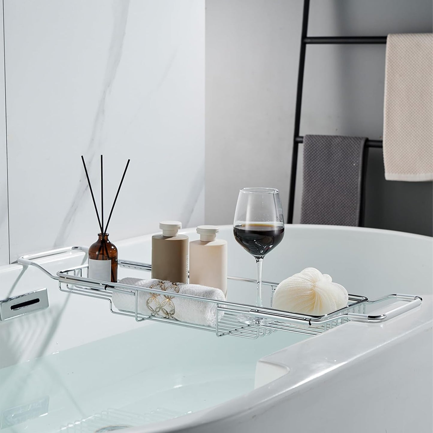 Stainless Steel Bathtub Caddy Tray, Expandable Bath Tub Table, Adjustable Bathroom Tray, Bath Organizer Tub Shelf,Silver,26.8~35.4in