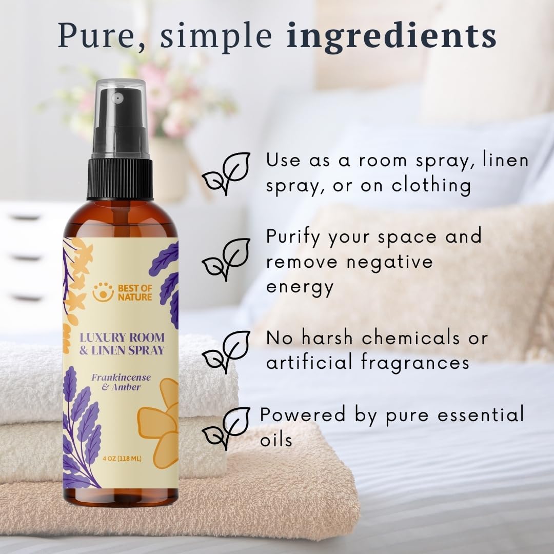 Best of Nature Luxury Room & Linen Spray – All-Natural Essential Oil Air Freshener for Home, Bedroom, Bathroom & Linens – Plant-Based, Family-Safe, Relaxing Aromatherapy Mist (Frankincense & Amber)