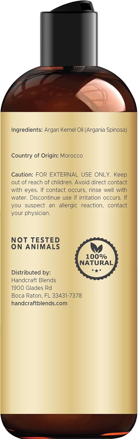 Handcraft Blends Moroccan Argan Oil - 8 Fl Oz - 100% Pure and Natural - Premium Grade Carrier Oil for Skin and Hair - Hair and Body - Massage - Cold-Pressed