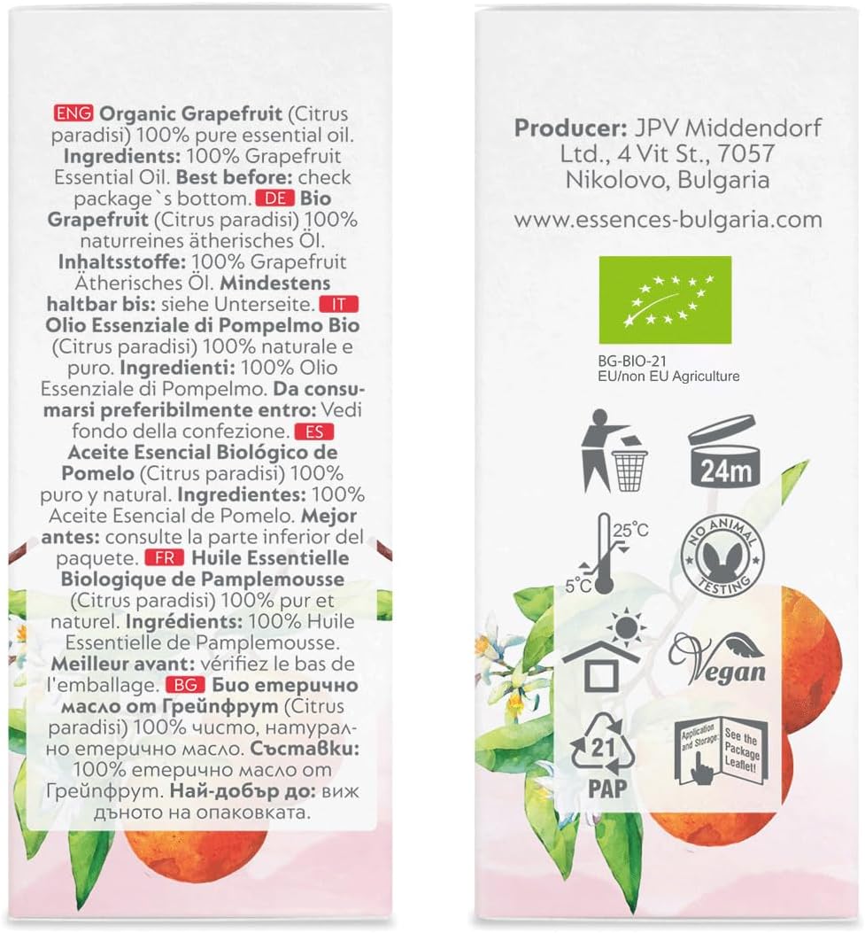Essences Bulgaria Organic Grapefruit Essential Oil 0.51 Fl Oz 15ml Citrus paradisi 100% Pure Natural Undiluted Therapeutic Grade for Home Aromatherapy Home Diffuser Humidifier Hot Tub and Massage Oil