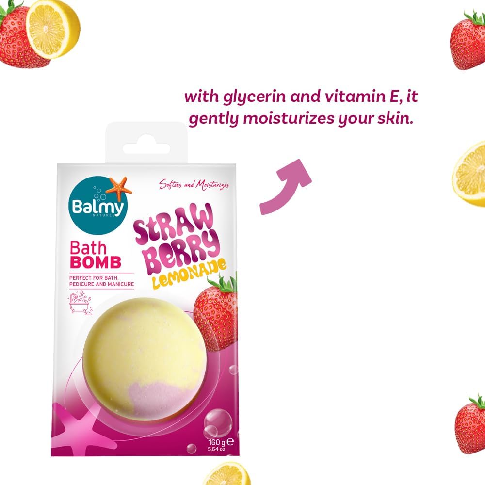 Balmy Strawberry Lemonade Bath Bomb – Hydrating Fizzy with Vitamin E & Glycerin, Sweet Citrus Scented 5.6 oz