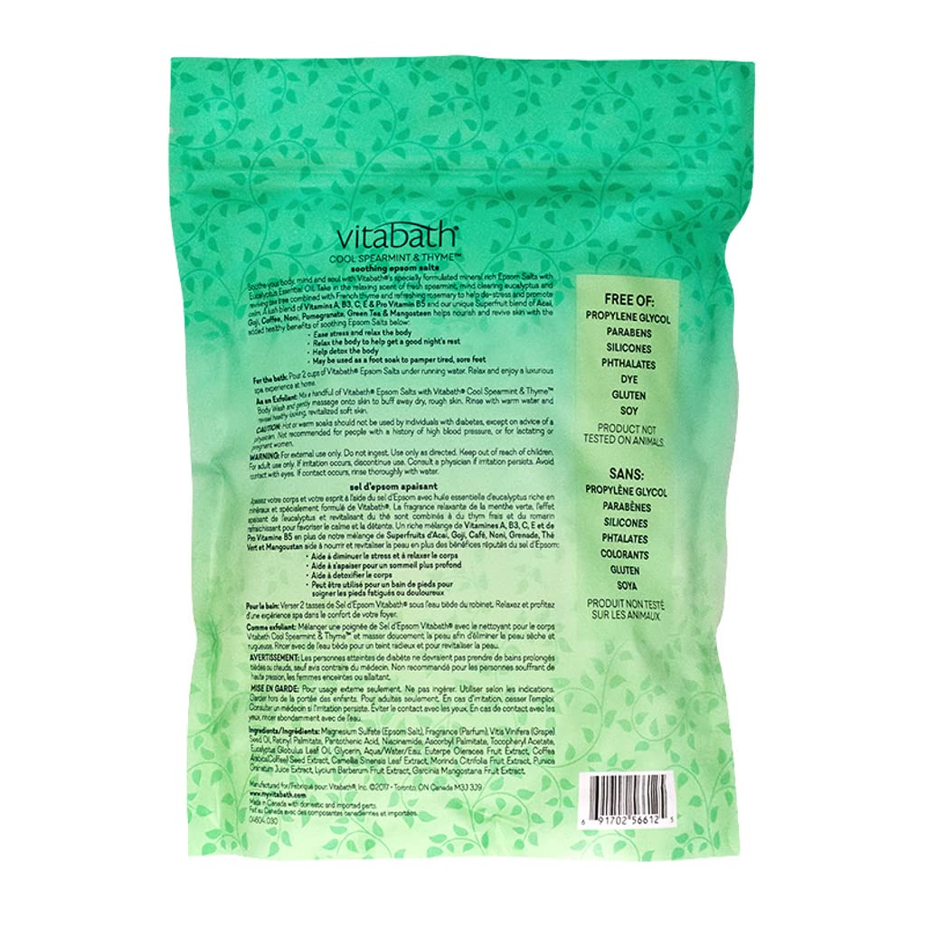 Vitabath Cool Spearmint & Thyme Epsom Salts Relaxing Therapeutic Aromatherapy & Nourishing Skincare - Muscle Soreness & Body Ache Soothing Soak for Women & Men - 36 oz