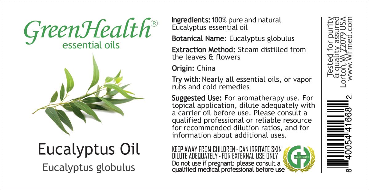 GreenHealth Eucalyptus Essential Oil – 15 ml (0.5 fl oz) – 100% Pure & Natural – Therapeutic Grade Aromatherapy Oil – Amber Glass Bottle with Euro Dropper – for Diffuser, Cleaning, Home Use