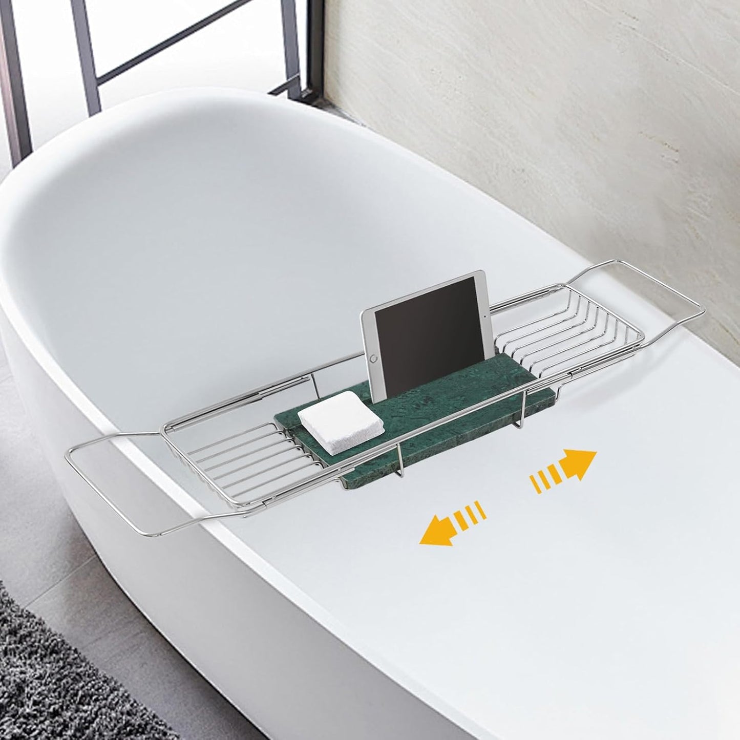 Expandable Bathtub Tray Caddy, Stainless Steel Bath Table Tray Adjustable & Rustproof Bath Caddy Bath Organizer Tub Shelf with Marble Board for Spa, Relaxation, Bath Bombs (Silver + Green)