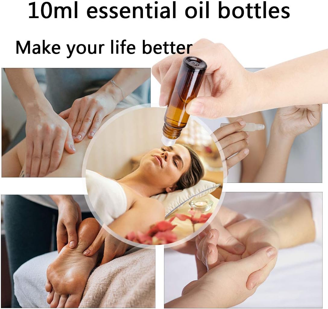 6Pcs 10ml Essential Oil Roller Bottles, with Stainless Steel Roller Balls, 10ml Amber Glass Roll on Bottles for Essential Oils, 1 Extra Roller Ball, 6 Labels, 1 Openers, 2 Droppers Included