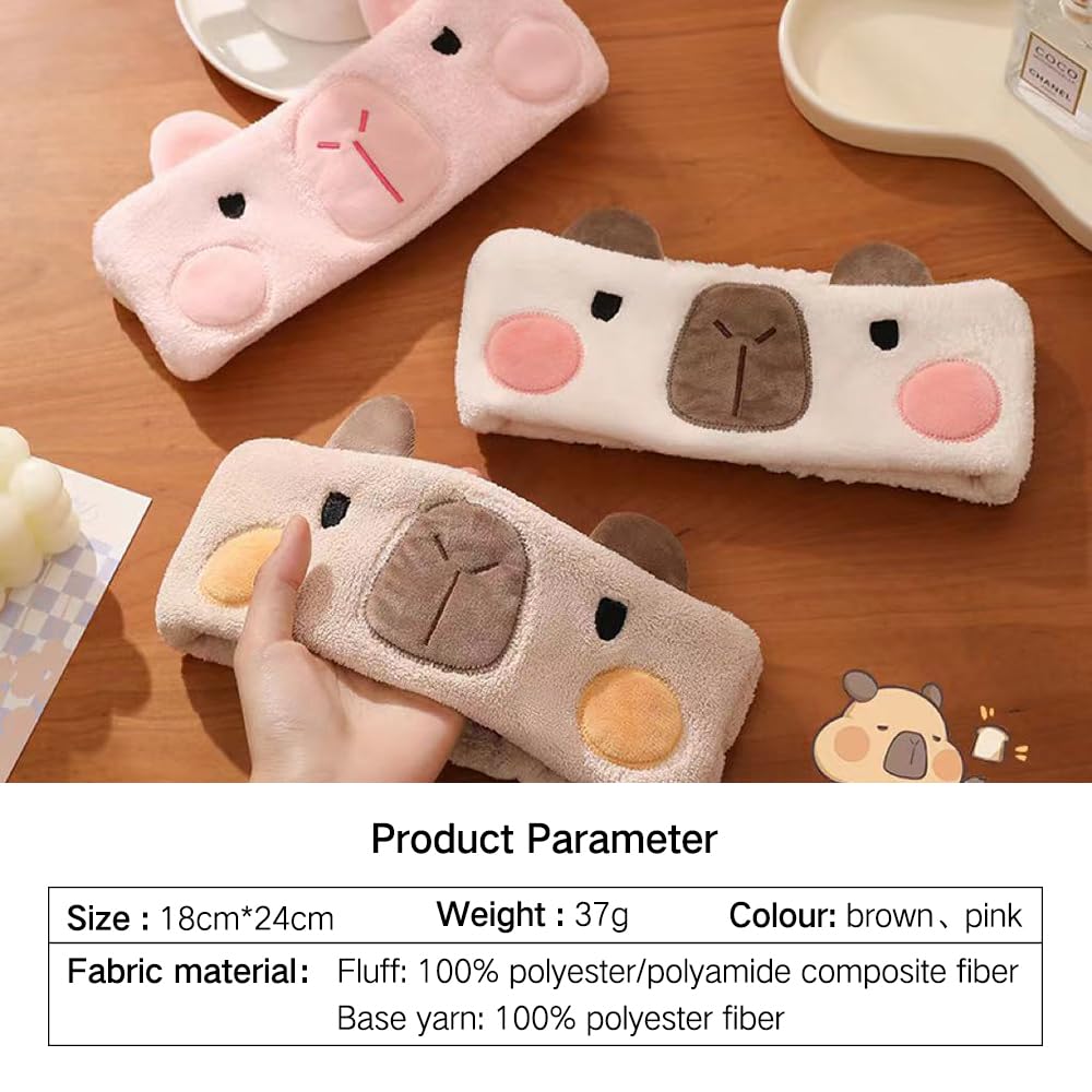 PERFECTSIGHT Kawaii Headband for Spa, Makeup, Washing Face, Party - 2 Pack Cute Hair Band for Shower Beauty Skincare, Soft Facial Headbands for Girls and Women (Brown+Pink Capybara)