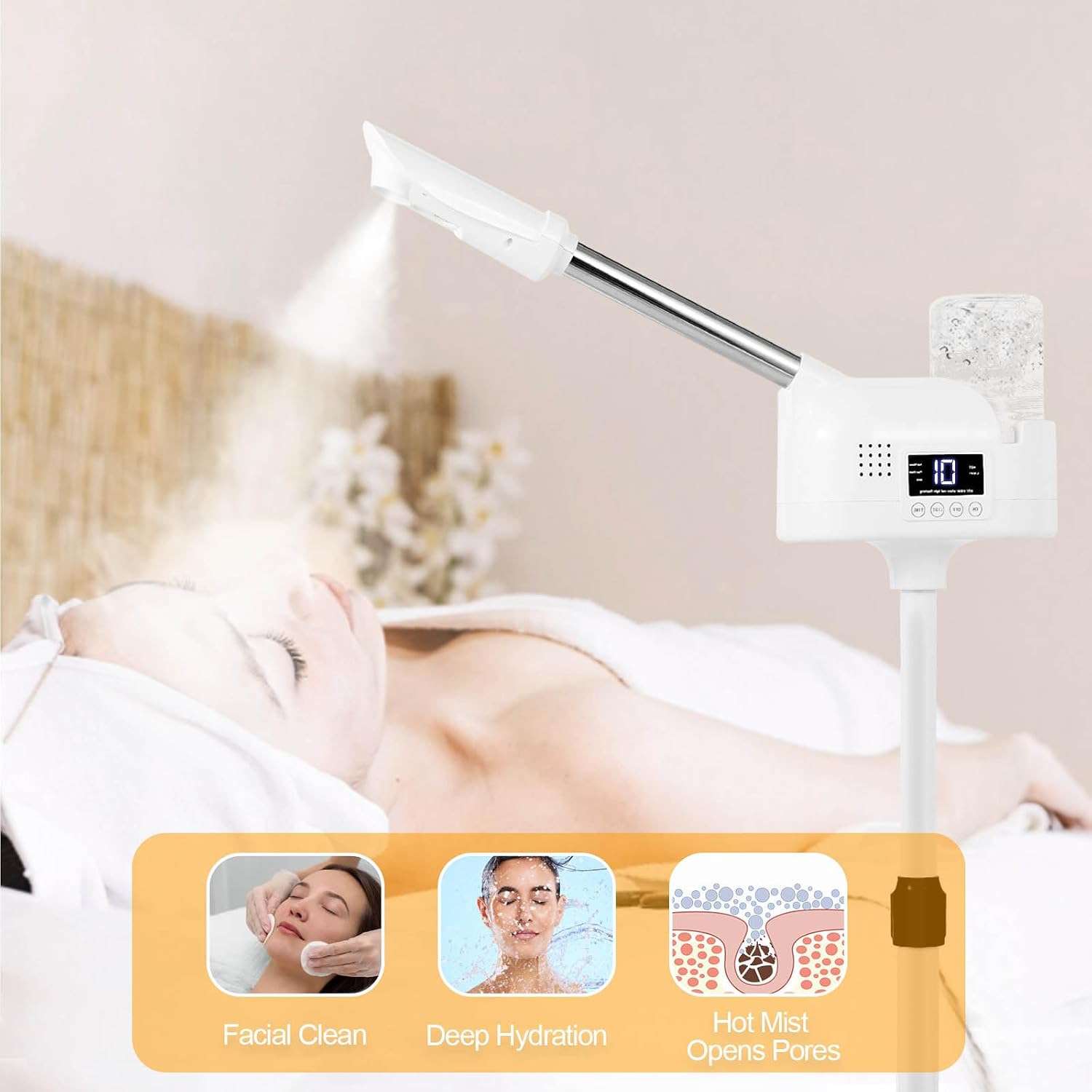 Professional Facial Steamer, Facial Steamer with Hot Mist and Timer Function, Adjustable Height Face Steamer on Wheels with 360° Rotatable Nozzle for Deep Hydration and Cleaning