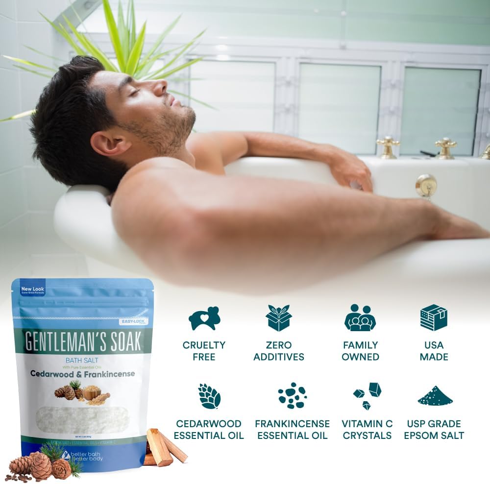 Gentleman's Bath Salt 32 Ounces (2 Lbs) Epsom Salt Soak for Men with Natural Cedarwood and Frankincense Essential Oils Plus Vitamin C in BPA Free Pouch with Easy Press Lock Seal Made in USA