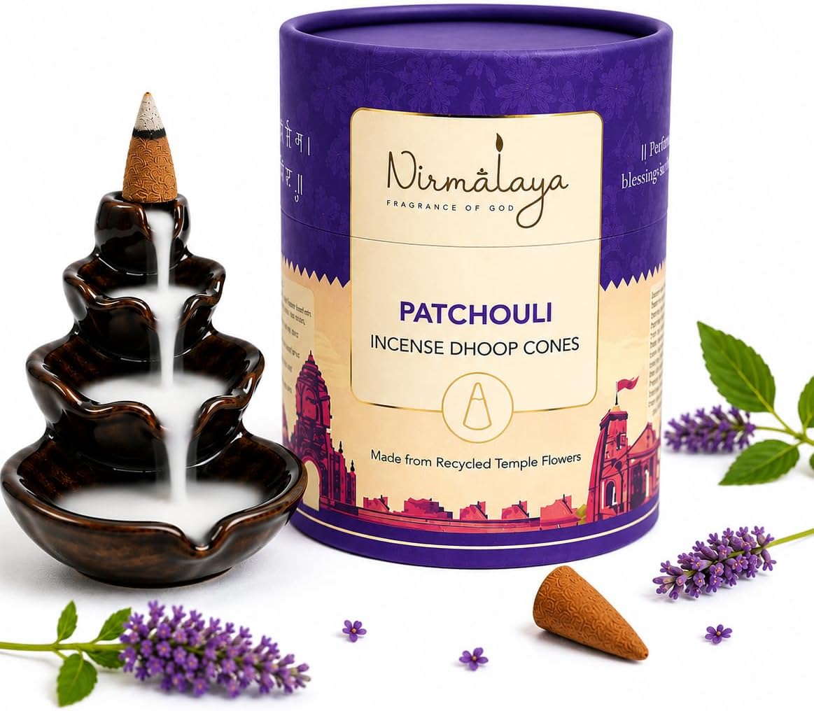 Nirmalaya Premium Patchouli Backflow Incense Dhoop Cones | 60 Bambooless Incense Cones | Made from Sacred Temple Flowers | Charcoal Free | 25 Min Burn Time