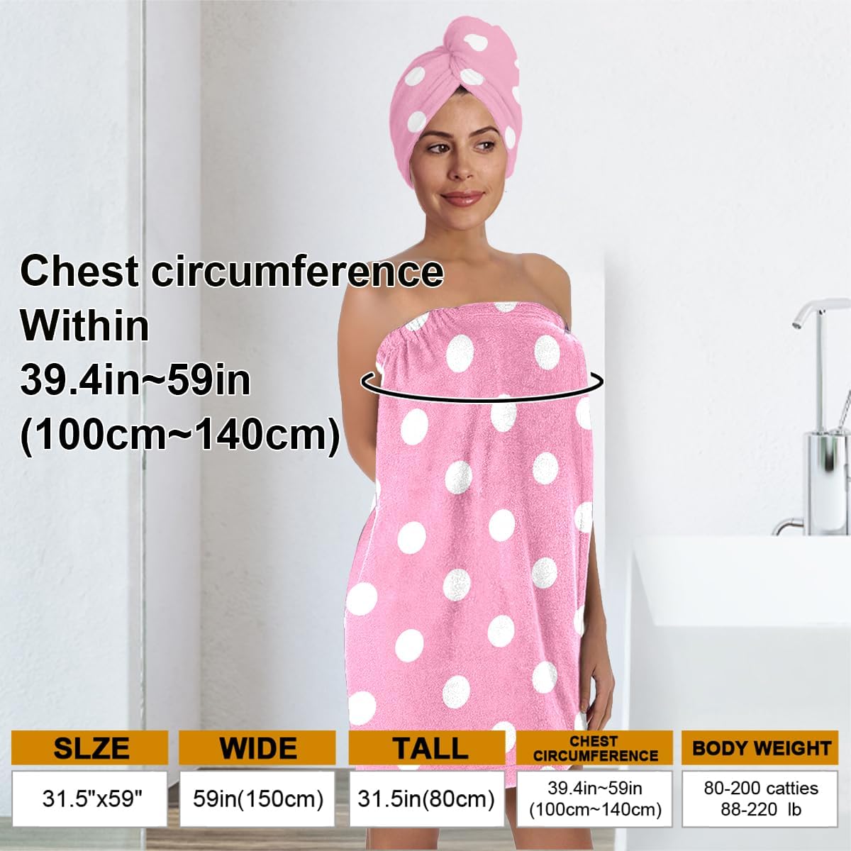 Pink White Polka Dot Bath Wrap Set with Hair Turban, Pink and White Dot Pattern Spa Towel Wrap, Towel Robe for Women