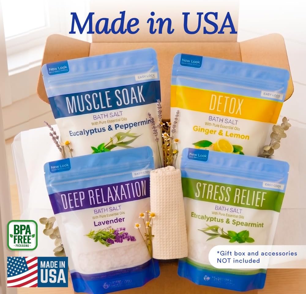 Bath Salts Sampler (4-Pack of 2-lbs) Variety Bath Soaks with Bamboo Scoop