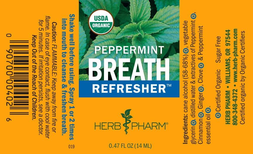 Herb Pharm Breath Refresher Certified Organic Herbal Fresh Breath Spray, Peppermint, Sugar-Free, Gluten-Free and Non-GMO