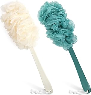 2Pack Back Scrubber for Shower，PIPUHA Loofah Sponge Shower Brush Using Body Exfoliating with Long Handle, Loofah on a Stick for Men Women, Bathing Accessories for Body Brushes (Blue and White)