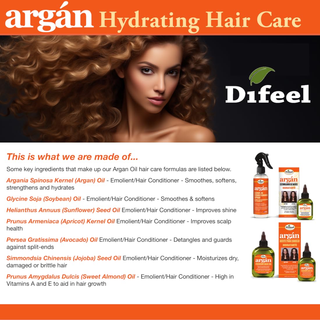 Difeel Argan Hydrating Premium Hair Oil 8 oz. - Hair Oil for Dry Hair and Natural Hair Oil Treatment