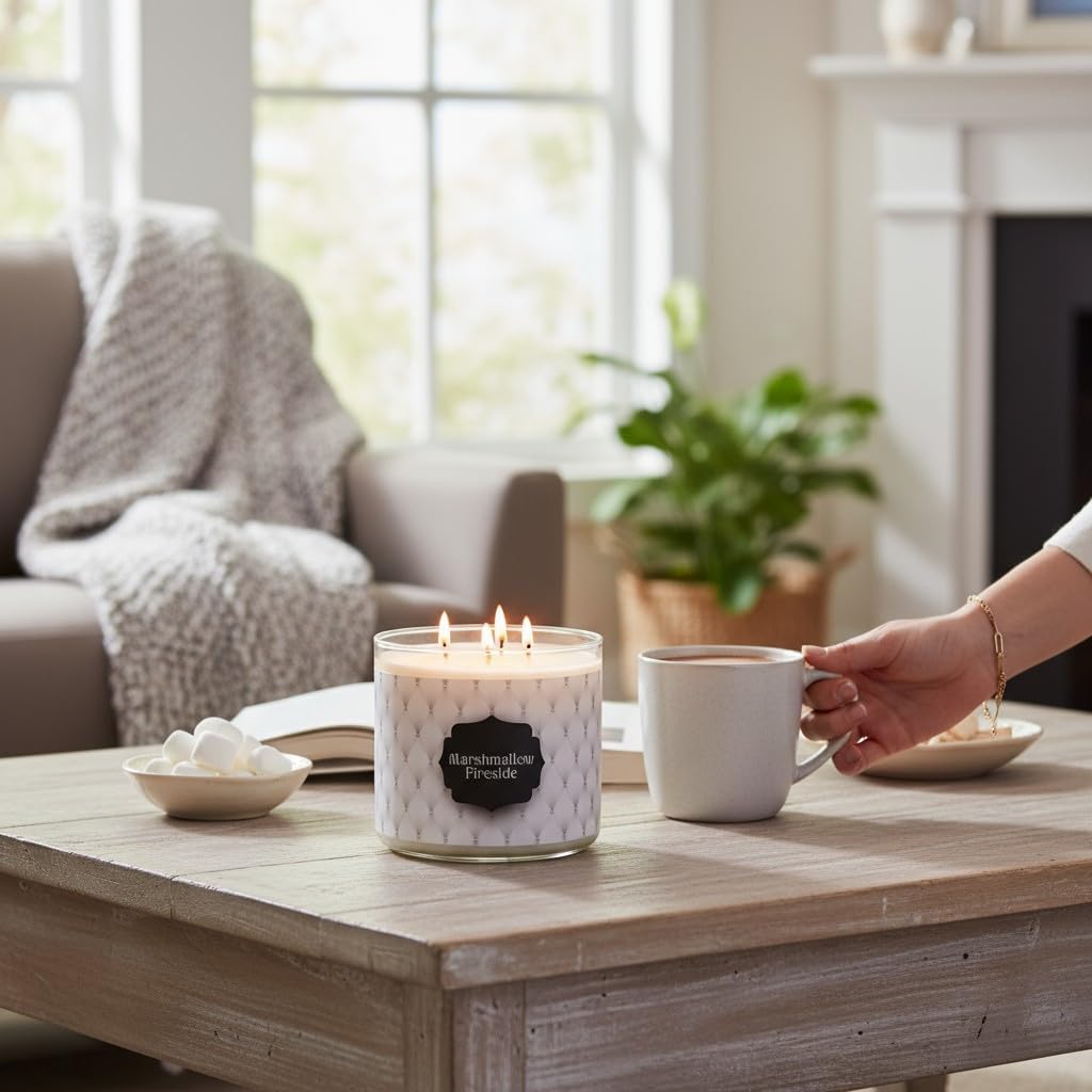 Marshmallow Fireside Candle ~ Highly Scented Large 3-Wick Candle ~ Soy and Coconut Wax Blend