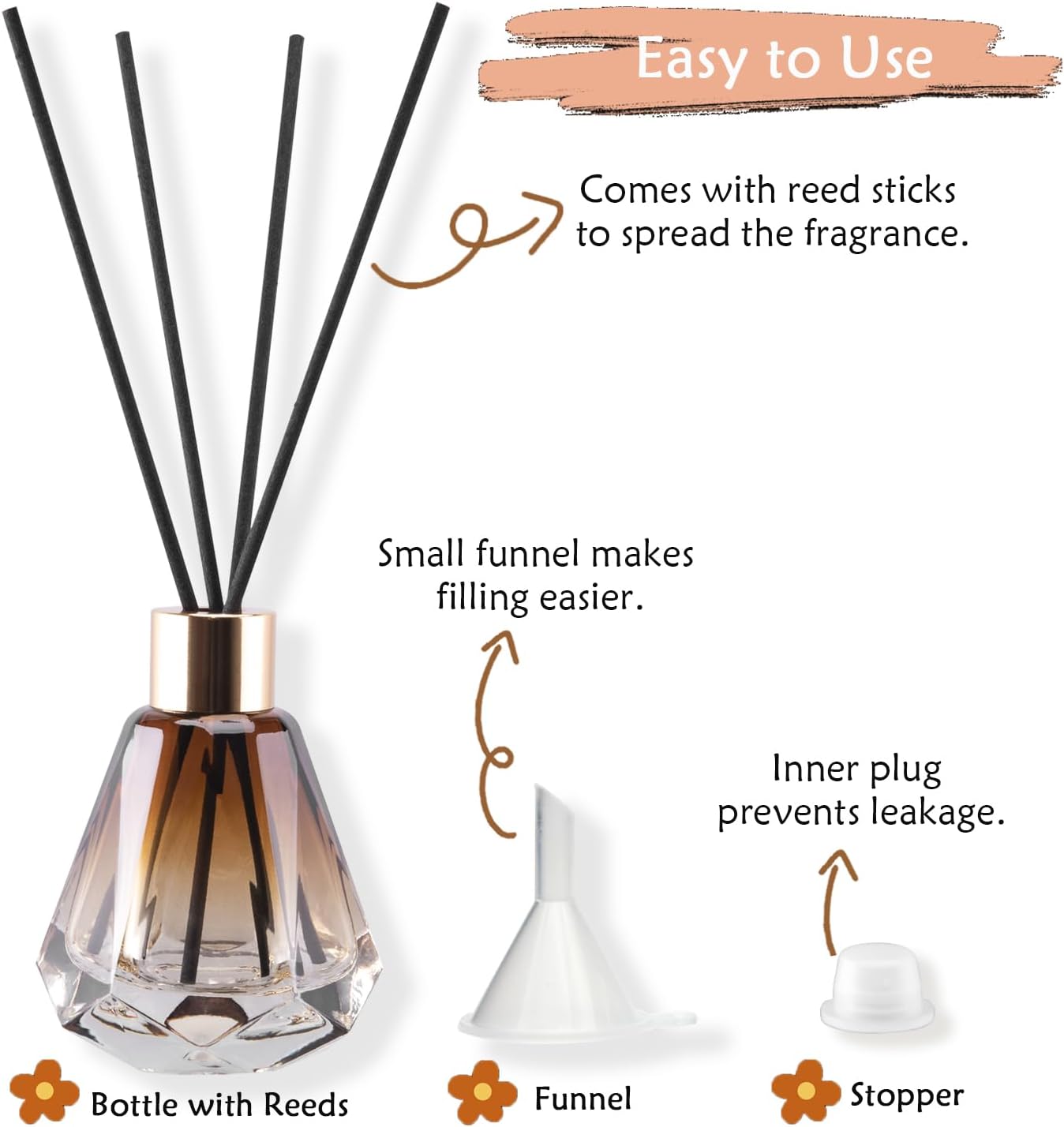 4PCS Empty Reed Diffuser Bottles,60ML/2.1Oz Glass Refillable Fragrance Set Diamond Shape with 20pcs Reeds Sticks & Gold Caps & Rubber Plug & Funnels for DIY Essential Oil