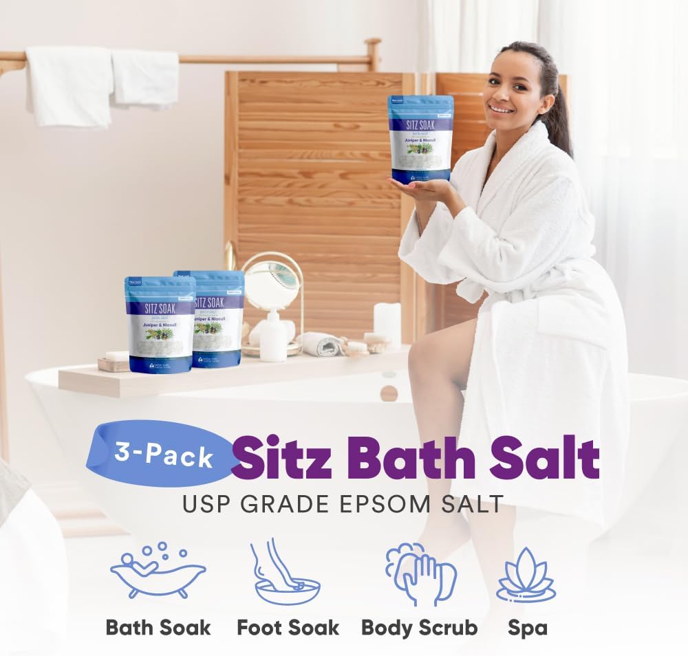 Sitz Bath Salt (3 Pack Soaks Bundle) Hemorrhoid Soothing Sitz Soak USP Grade Epsom Salt 3 Pouches 6 Lbs Total with Pure Essential Oils in BPA Free Pouch with Easy Press Seal Made in USA