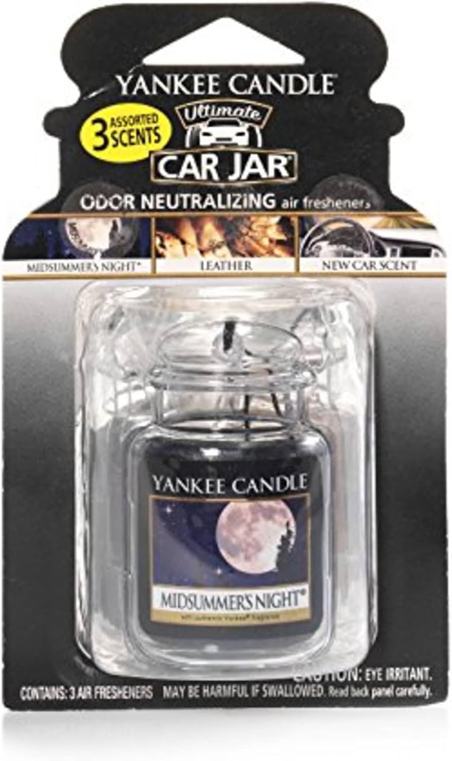 Yankee Candle Car Jar Ultimate 3-Pack, Leather, MidSummer's Night, New Car Scent, Hanging Auto Air Freshener, Odor Neutralizing, Up to 30 Days Freshness