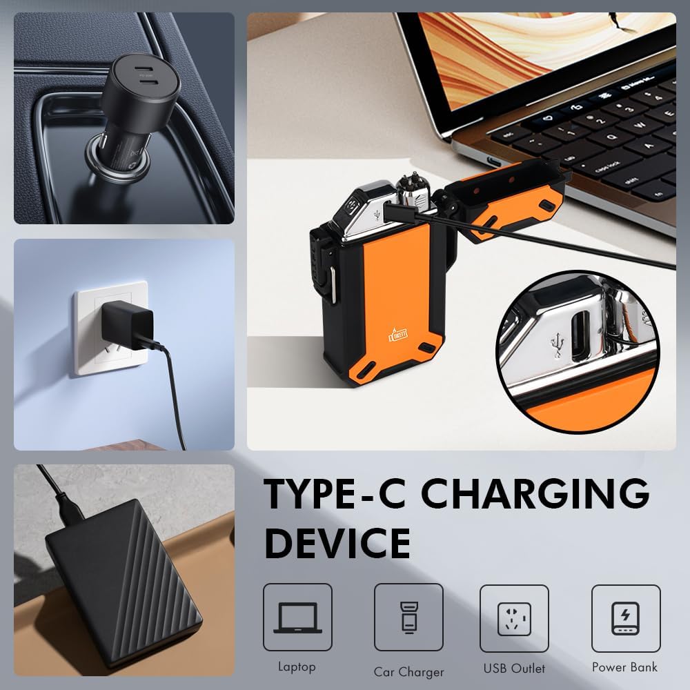 Dual Arc USB Rechargeable Electric Camp Lighter with Retractable Flexible Long Neck Waterproof Windproof Lighter for Outdoor, Grill and Candle (Orange)