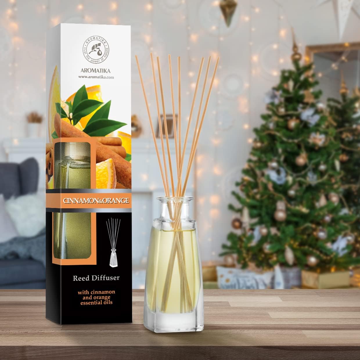 Reed Diffuser Cinnamon & Orange 3.4 Fl Oz (100ml) - Room Diffuser with Cinnamon and Orange Essential Oils - Fragrance Diffuser with Rattan Sticks - Christmas Scent - Scented Diffusers - Home Fragrance