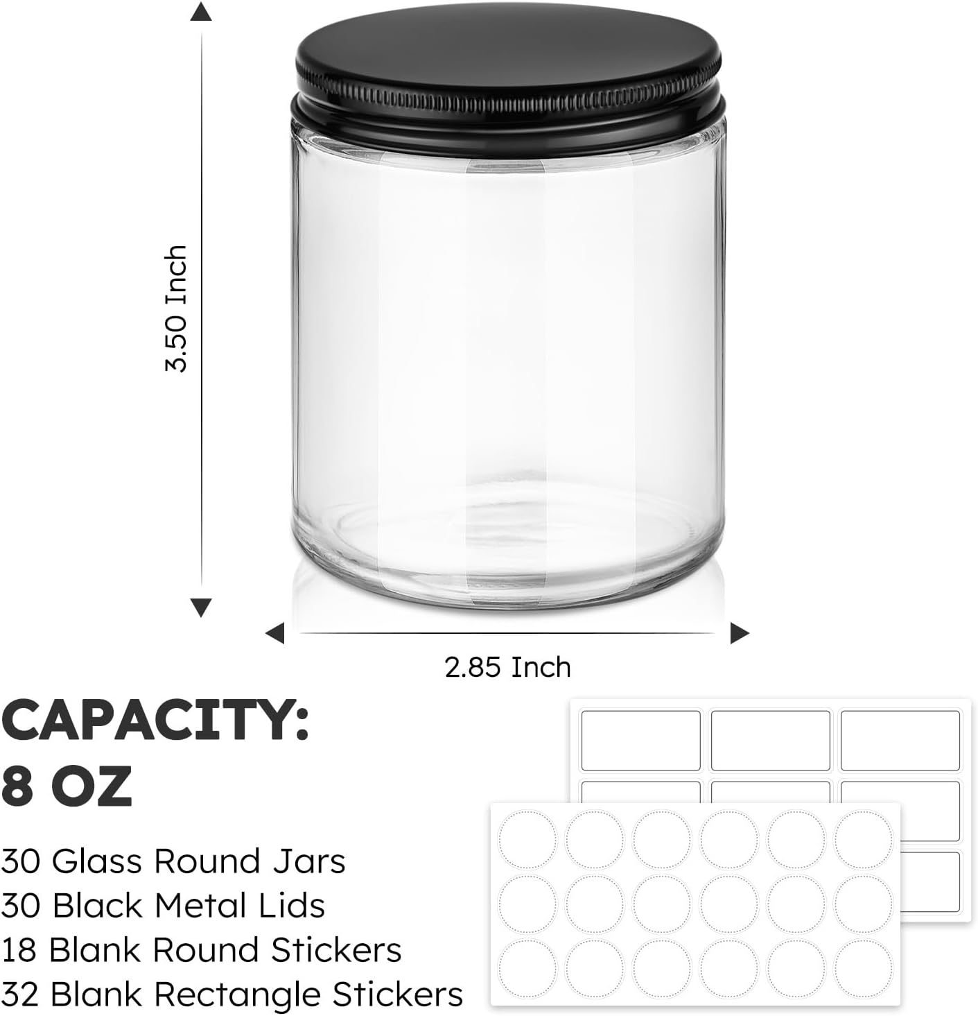 Tecohouse 8 oz Glass Jars with Lids, 30 Pack Candle Jars Canning Mason Jars with Lids, White Labels & Inner Liners, Empty Airtight Round Clear Slime Containers for Cream, Spice, Lotion, Ointments